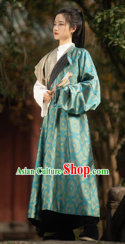 China Tang Dynasty Heroine Historical Clothing Ancient Swordswoman Costume Traditional Hanfu Blue Brocade Robe