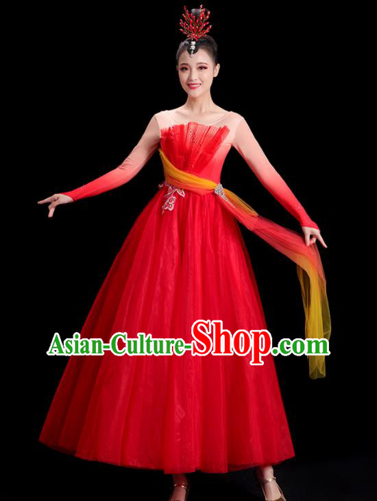 China Modern Dance Costume Opening Dance Clothing Women Group Stage Show Red Dress