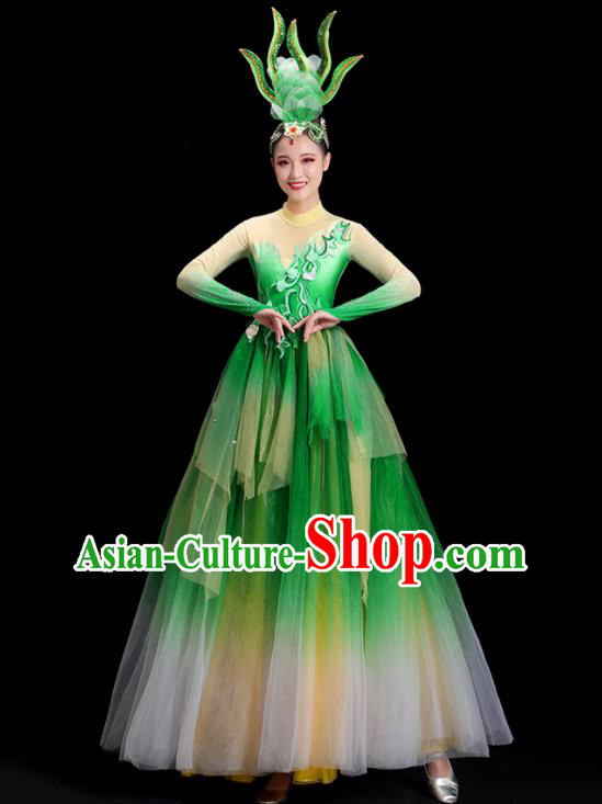 China Modern Dance Costume Flower Dance Fashion Opening Dance Clothing Women Group Stage Show Green Dress
