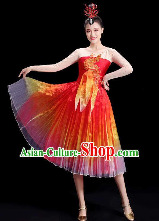 China Women Group Stage Show Red Short Dress Modern Dance Costume Embroidered Phoenix Fashion Opening Dance Clothing