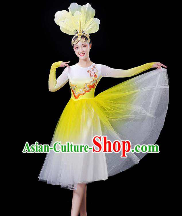 China Women Group Stage Show Yellow Dress Modern Dance Costume Chorus Clothing Opening Dance Fashion