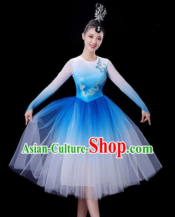 China Chorus Clothing Opening Dance Fashion Women Group Stage Show Blue Dress Modern Dance Costume