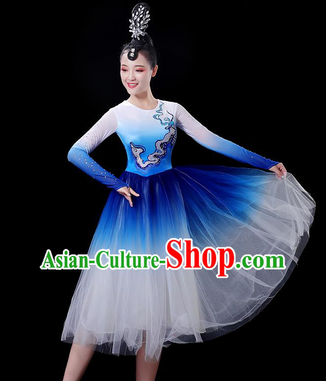 China Modern Dance Costume Women Group Chorus Clothing Opening Dance Fashion Stage Show Royal Blue Dress