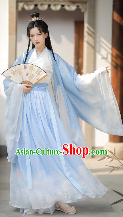 China Traditional Stage Show Hanfu Fashion Ancient Swordswoman Costumes Ming Dynasty Chivalrous Lady Blue Dresses
