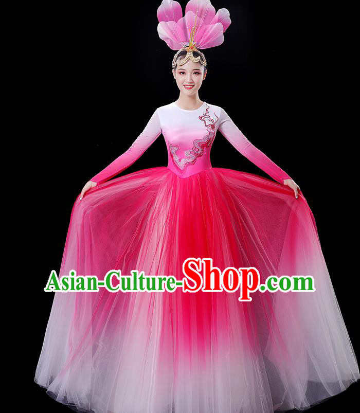 China Stage Show Fashion Modern Dance Costumes Opening Dance Pink Dress Women Group Flower Performance Clothing