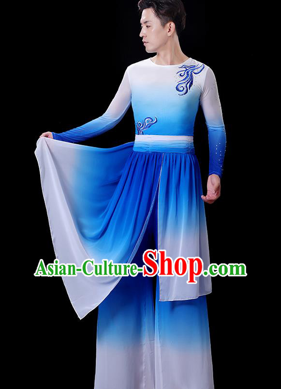 Top Fan Dance Costume Yangko Dance Gradient Blue Outfit Male Folk Dance Clothing Stage Show Fashion