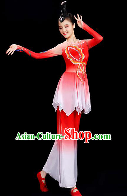 Top Women Group Stage Show Fashion Fan Dance Costume Yangko Dance Red Outfit Folk Dance Clothing