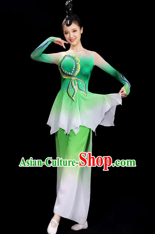 Top Fan Dance Costume Yangko Dance Green Outfit Folk Dance Clothing Women Group Stage Show Fashion