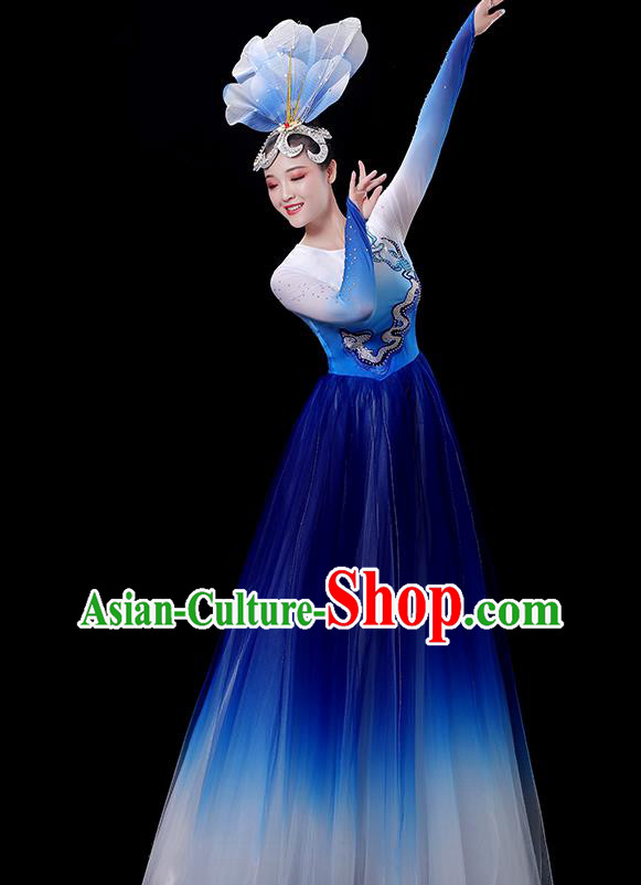 China Opening Dance Royal Blue Dress Women Group Performance Clothing Stage Show Fashion Flower Dance Costume