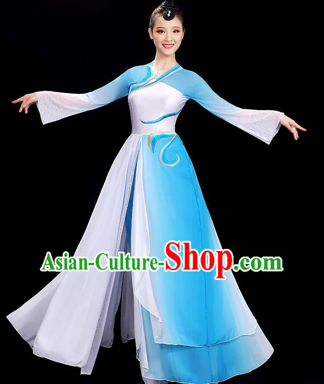 Chinese Fan Dance Show Costume Umbrella Dance Blue Outfit Group Dance Clothing Women Dancing Competition Fashion