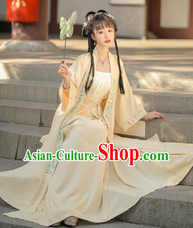 China Song Dynasty Young Lady Apricot Dresses Traditional Hanfu Garments Ancient Girl Costumes