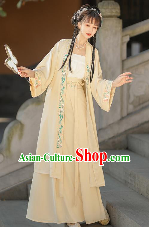 China Song Dynasty Young Lady Apricot Dresses Traditional Hanfu Garments Ancient Girl Costumes