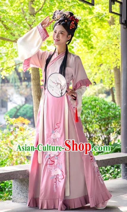 China Traditional Hanfu Garments Ancient Fairy Costumes Jin Dynasty Princess Pink Dresses
