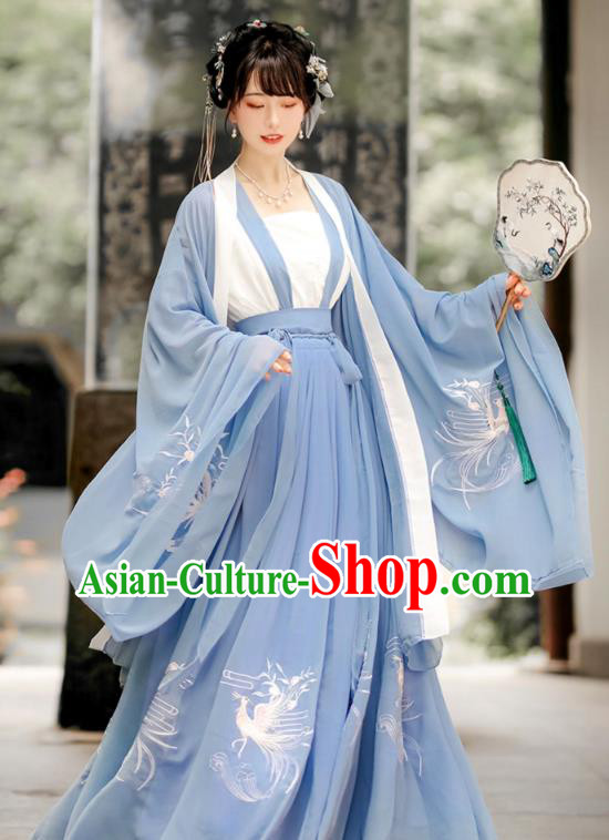 China Ancient Court Woman Costumes Song Dynasty Princess Blue Dresses Traditional Hanfu Garments