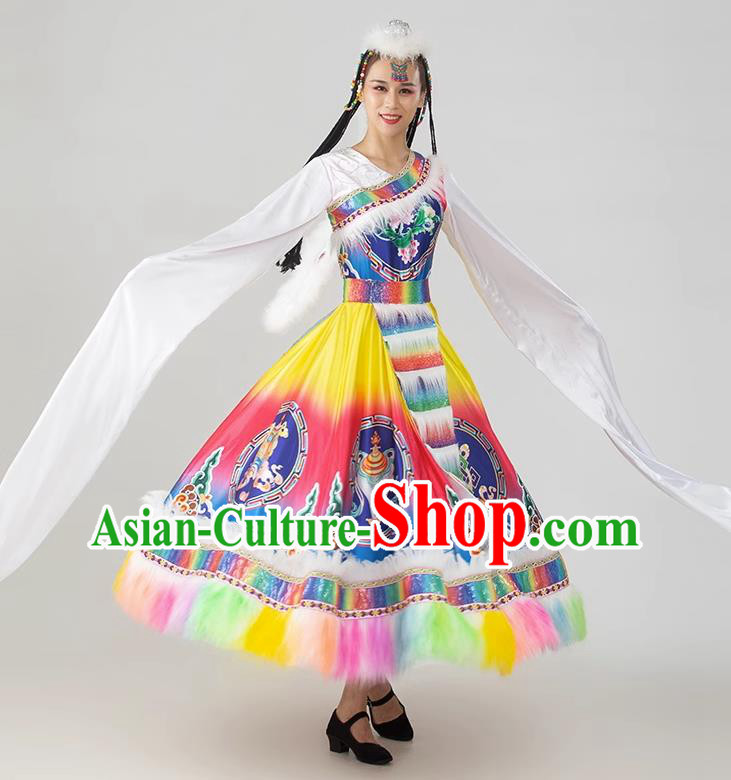 China Tibetan Ethnic Dancing Dress Women Group Show Costume Zang Nationality Water Sleeve Clothing