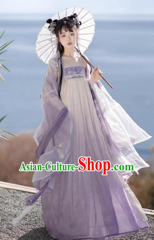 China Tang Dynasty Princess Lilac Costumes Ancient Young Woman Clothing Traditional Hanfu Dresses Complete Set