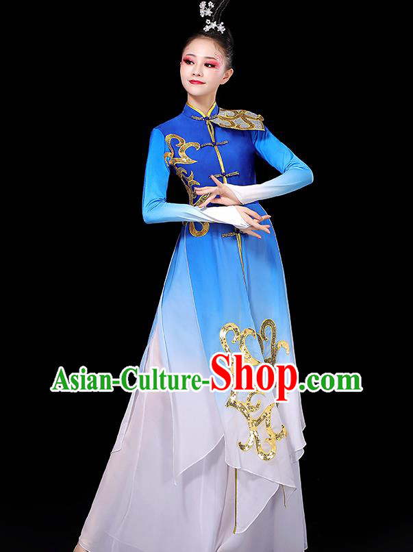 China Women Group Stage Performance Royal Blue Outfit Yangko Dance Costume Fan Dance Clothing