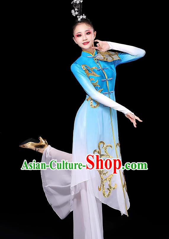 China Fan Dance Clothing Women Group Show Blue Outfit Yangko Dance Costume Stage Performance Dress