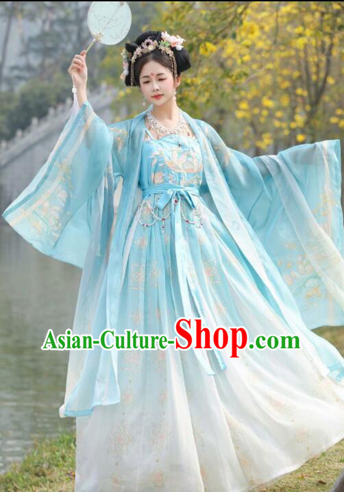 China Ancient Princess Clothing Blue Hanfu Dresses Tang Dynasty Court Lady Costumes