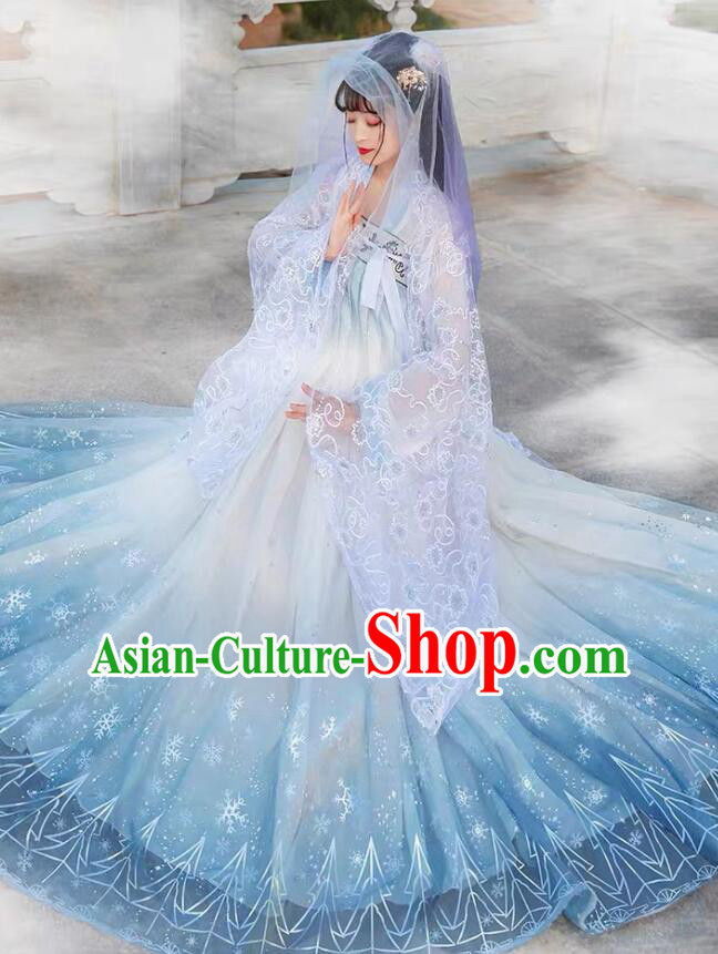 China Tang Dynasty Court Lady Costumes Ancient Princess Clothing Embroidered Blue Hanfu Dresses