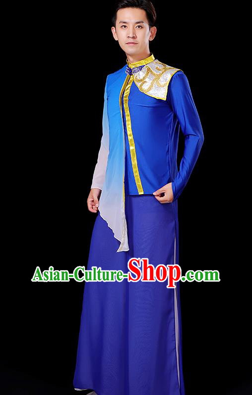 China Group Stage Show Costume Fan Dance Fashion Classical Dance Clothing Male Yangko Dance Royal Blue Outfit