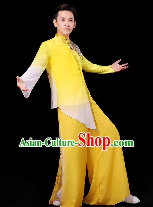 China Modern Dance Fashion Fan Dance Clothing Yangko Dance Yellow Outfit Male Group Stage Show Costume