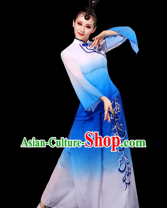 China Fan Dance Clothing Yangko Dance Gradient White Blue Outfit Women Group Stage Show Costume Modern Dance Fashion