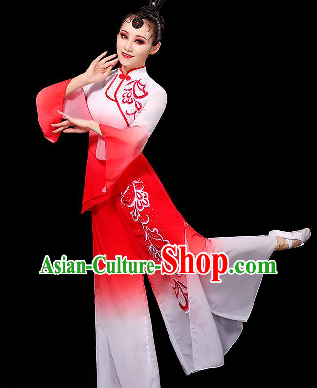 China Umbrella Dance Fashion Fan Dance Clothing Yangko Dance Gradient White Red Outfit Women Group Show Costume