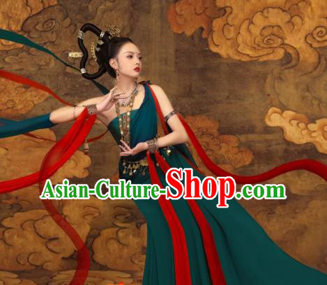 China Dunhuang Murals Flying Apsaras Costumes Classical Dance Clothing Ancient Fairy Green Dress