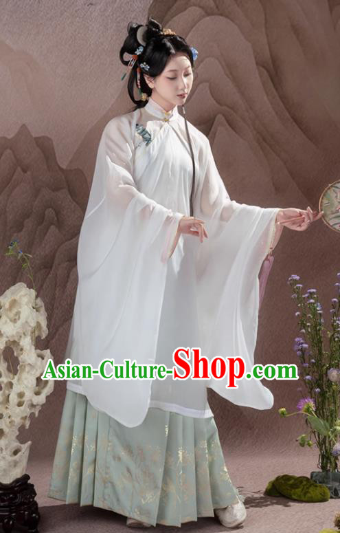China Ming Dynasty Royal Princess Costumes Ancient Noble Mistress Embroidered Clothing Hanfu White Gown and Green Ma Mian Skirt Complete Set