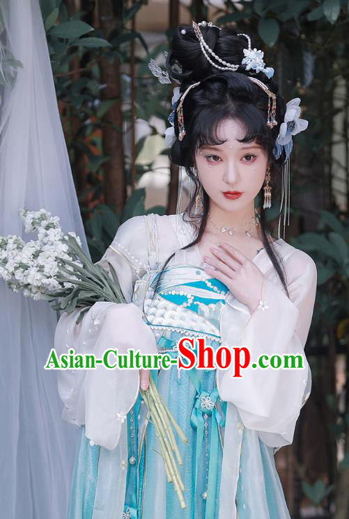 China Blue Hanfu Dresses Tang Dynasty Court Princess Costumes Ancient Fairy Embroidered Clothing