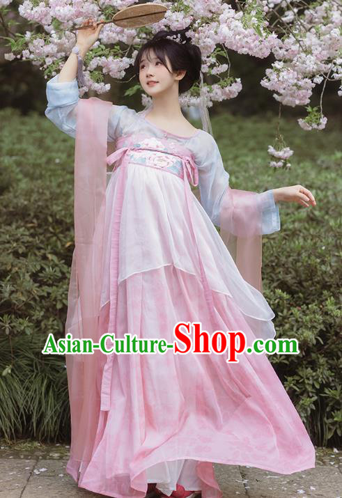 China Ancient Young Lady Embroidered Clothing Hanfu Pink Dresses Tang Dynasty Royal Princess Costumes