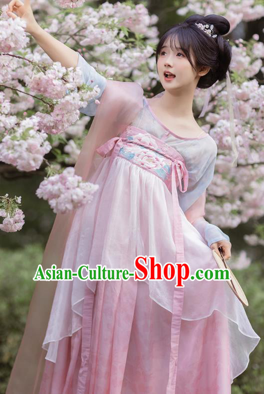 China Ancient Young Lady Embroidered Clothing Hanfu Pink Dresses Tang Dynasty Royal Princess Costumes