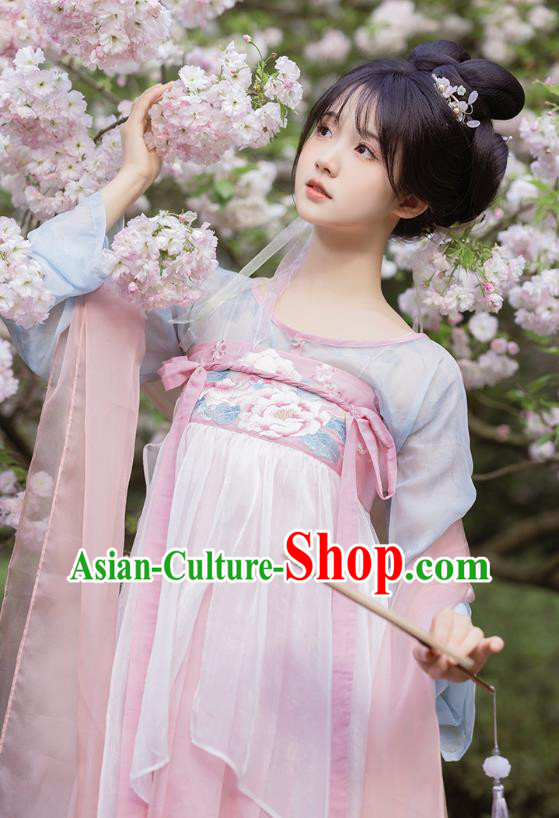 China Ancient Young Lady Embroidered Clothing Hanfu Pink Dresses Tang Dynasty Royal Princess Costumes