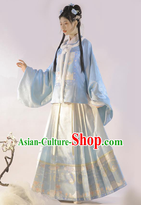 China Ancient Noble Lady Costumes Ming Dynasty Princess Winter Clothing Traditional Female Hanfu Dress Blue Coat Shirt Mamianqun Complete Set