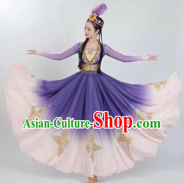 China Ethnic Fashion Xinjiang Dance Purple Dress Women Group Dance Clothing Uyghur Nationality Dance Costume