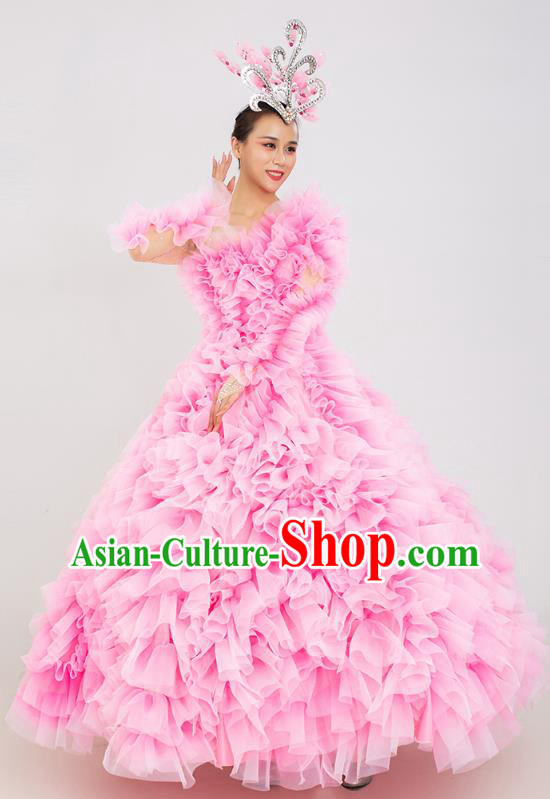 Top Opening Dance Ball Gown Rose Dance Fashion Modern Dance Pink Dress Women Group Dance Clothing