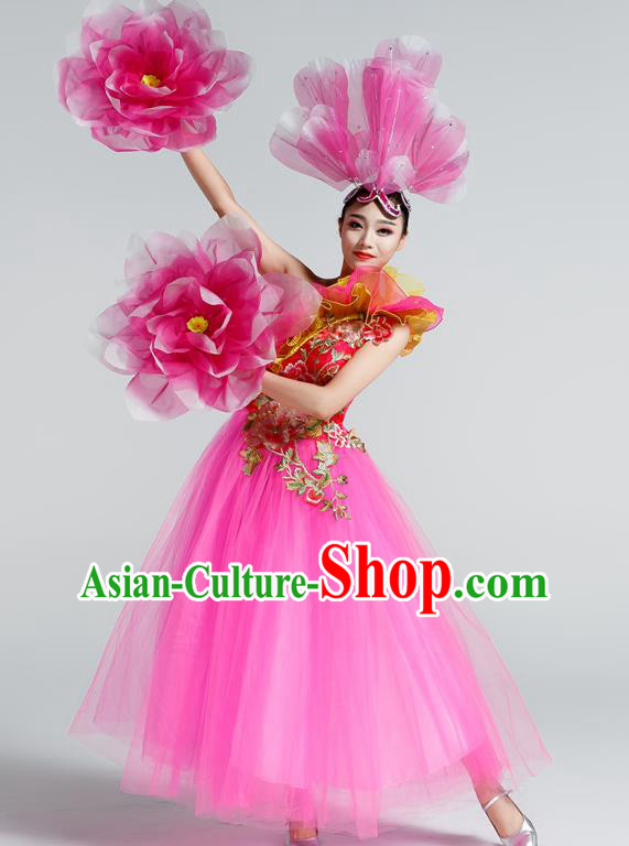 Top Embroidered Peony Fashion Oriental Dance Costume Women Group Show Clothing Modern Dance Pink Dress