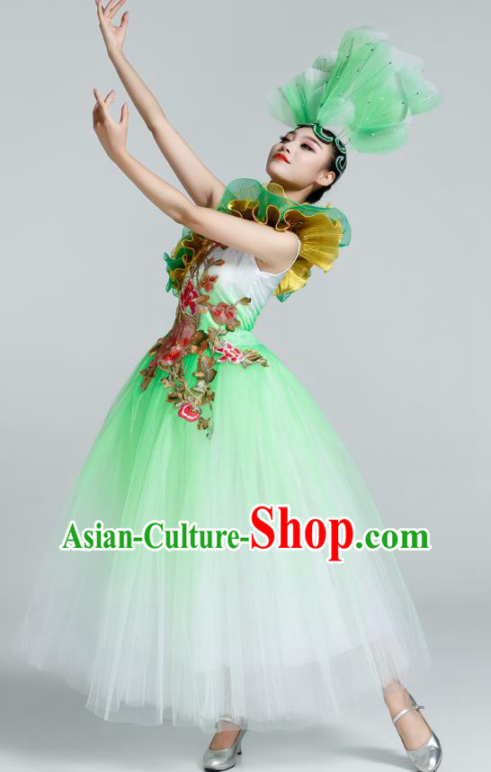 Top Women Group Show Clothing Modern Dance Green Dress Embroidered Peony Fashion Oriental Dance Costume