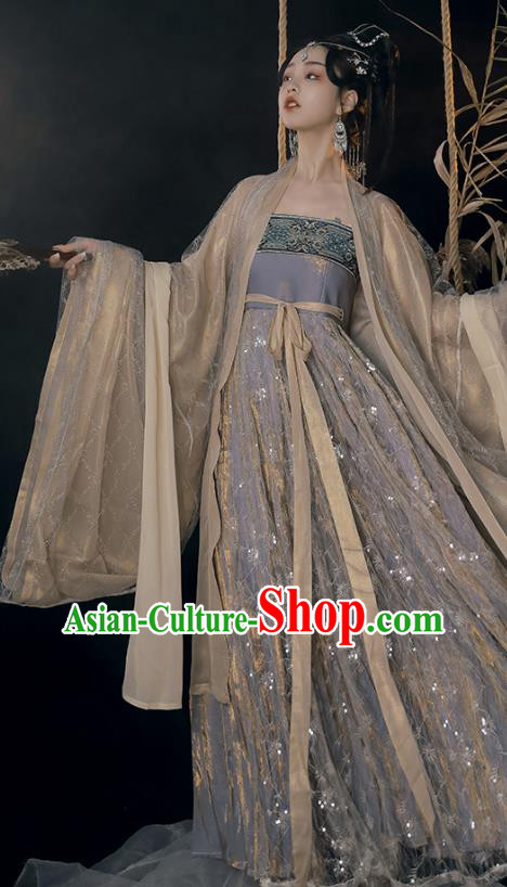 China Hanfu Clothing Tang Dynasty Princess Blue Dresses Ancient Fairy Garment Costumes