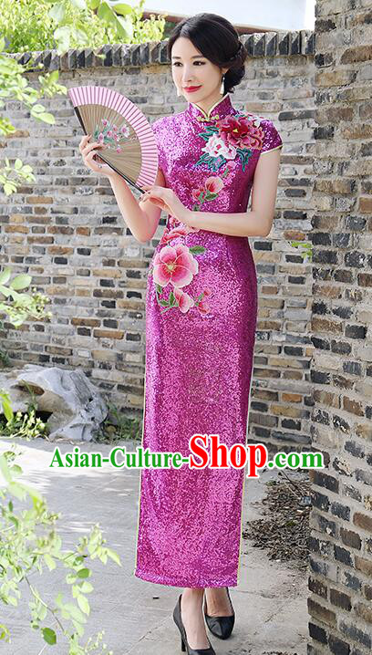 China Traditional Cheongsam Elegant Mandarin Dress Woman Embroidered Shinning Megenta Qipao