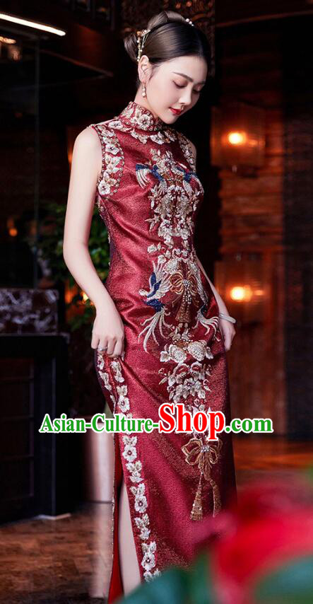 China Elegant Mandarin Dress Woman Embroidered Shinning Qipao Traditional Wedding Cheongsam