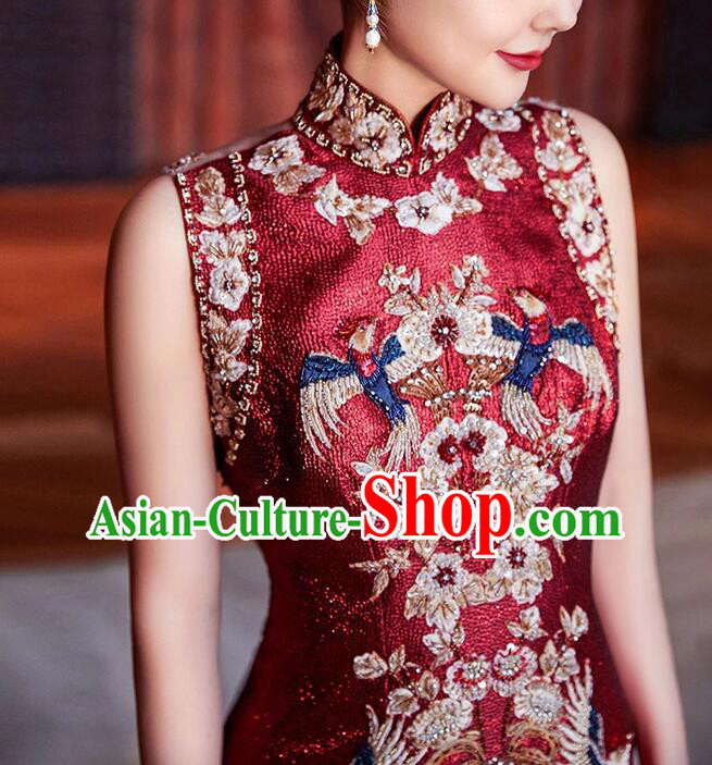 China Elegant Mandarin Dress Woman Embroidered Shinning Qipao Traditional Wedding Cheongsam
