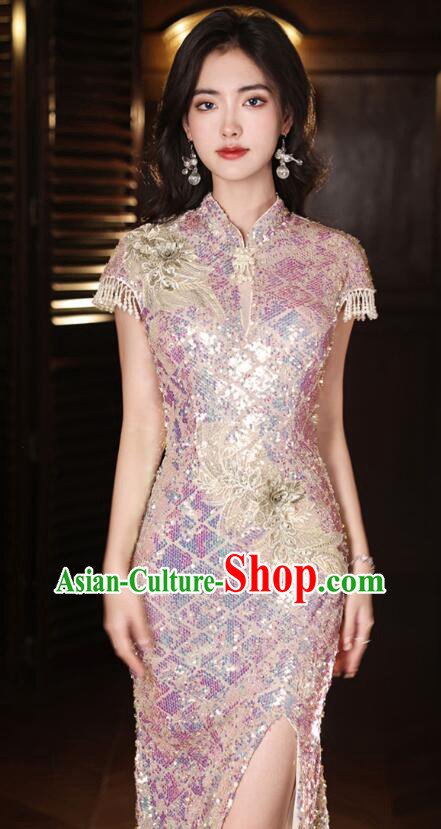 China Traditional Cheongsam Clothing Elegant Shining Dress Compere Mermaid Qipao