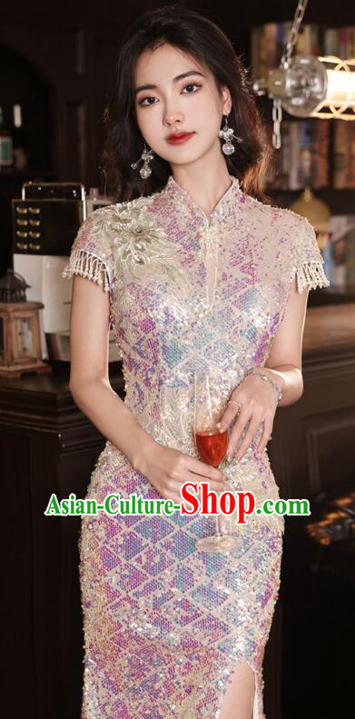 China Traditional Cheongsam Clothing Elegant Shining Dress Compere Mermaid Qipao