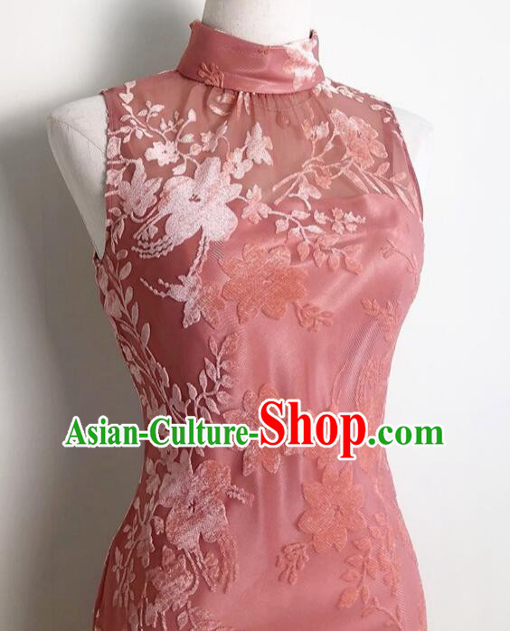 China Compere Qipao Classical Cheongsam Clothing Elegant Pink Dress