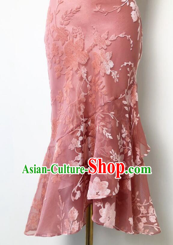 China Compere Qipao Classical Cheongsam Clothing Elegant Pink Dress