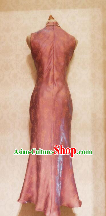China Elegant Pink Satin Dress Slim Sleeveless Qipao Classical Cheongsam Clothing