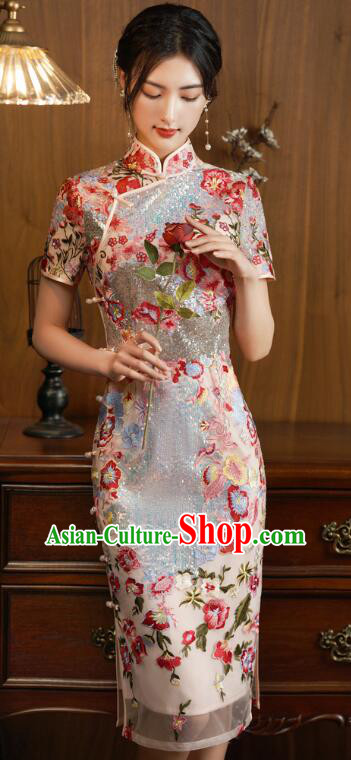 China Classical Cheongsam Clothing Elegant Embroidered Dress Shining Qipao Costume