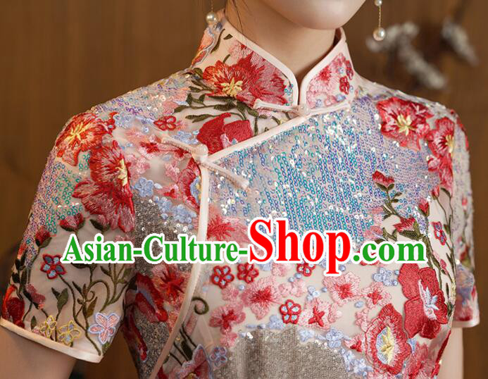 China Classical Cheongsam Clothing Elegant Embroidered Dress Shining Qipao Costume